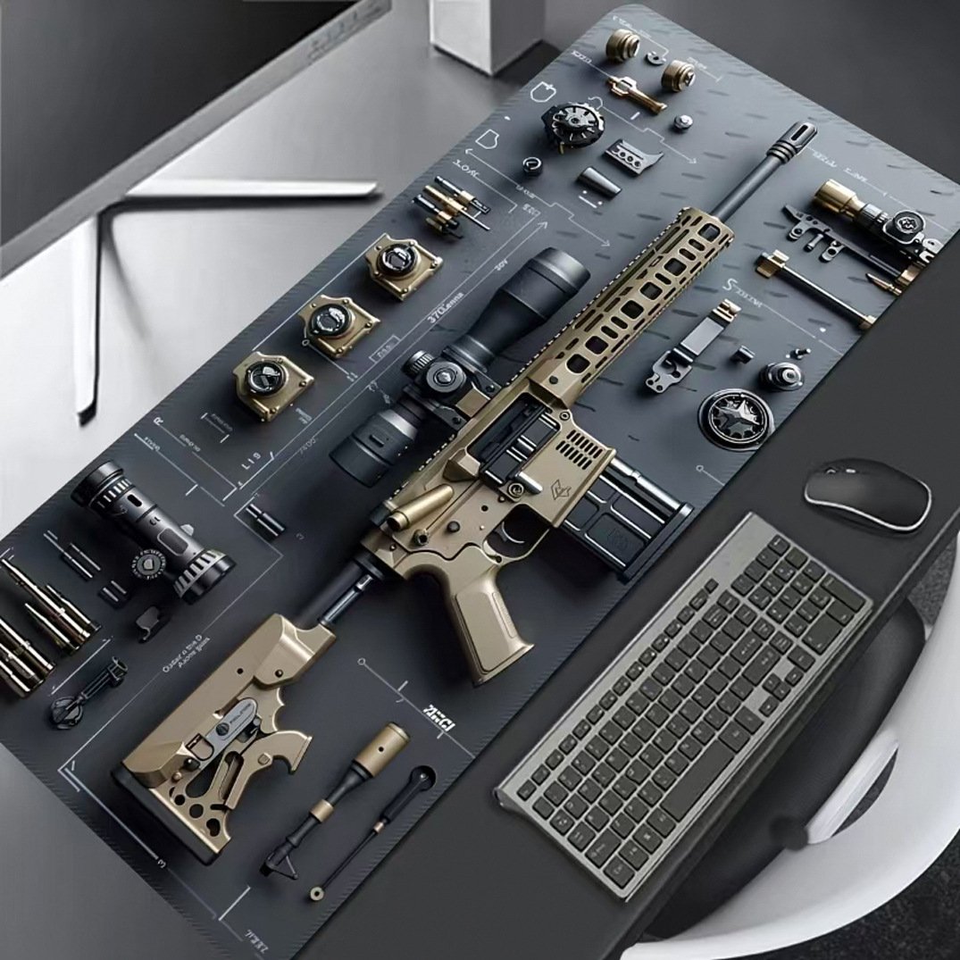 Cool Military Weapon Build Weapon Parts Display Large Gaming Mouse Pad, Stylish Desk Protector with Non-Slip Rubber, Multi-Size for Laptop & Desktop Use