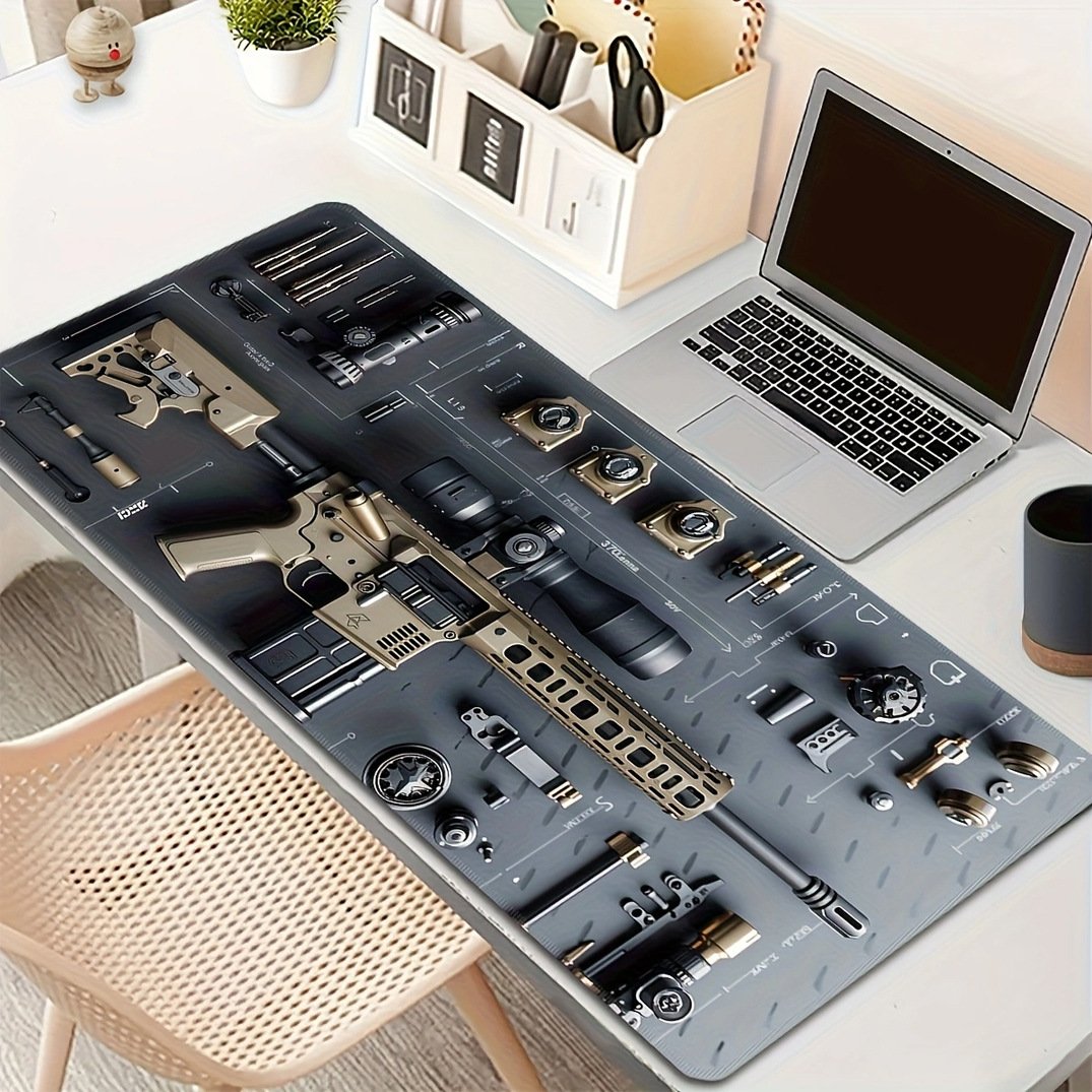 Cool Military Weapon Build Weapon Parts Display Large Gaming Mouse Pad, Stylish Desk Protector with Non-Slip Rubber, Multi-Size for Laptop & Desktop Use